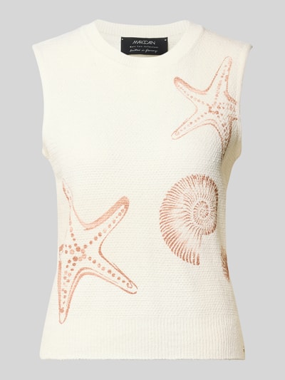Produktfoto, Stricktop mit Rundhalsausschnitt und Label-Detail von Marc Cain, Baumwoll-Mix, Gerade, Muster in Beige und Creme, feine Struktur