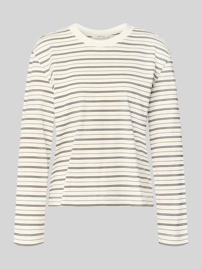 Produktfoto, cremeweißes Boxy Fit Langarmshirt aus reiner Baumwolle Modell 'ESSENTIAL' von Selected mit feinen schwarzen Streifen, Damen Langarmshirt