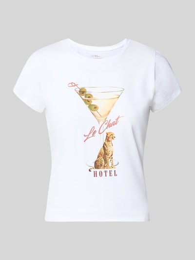 Produktfoto, weißes T-Shirt mit Label-Detail Modell 'LEOPARDTINI' von Guess, taillierter Schnitt, farbiger Print, glatte Baumwoll-Elasthan-Oberfläche