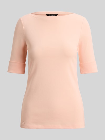 Produktfoto, Slim Fit T-Shirt aus reiner Baumwolle von Lauren Ralph Lauren, Damen T-Shirt, Optik: Unifarben, U-Boot-Ausschnitt, 1/2-Arm, Ärmelabschluss: gerippt mit Umschlag, Material: Reine Baumwolle in zartem Rosa, glatte Textur