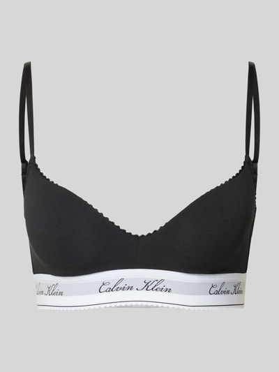 Productfoto, zwart bralette uit een mix van katoen en modal, wit elastisch band met logo, model 'SCRIPT Lightly Lined' van Calvin Klein Underwear.