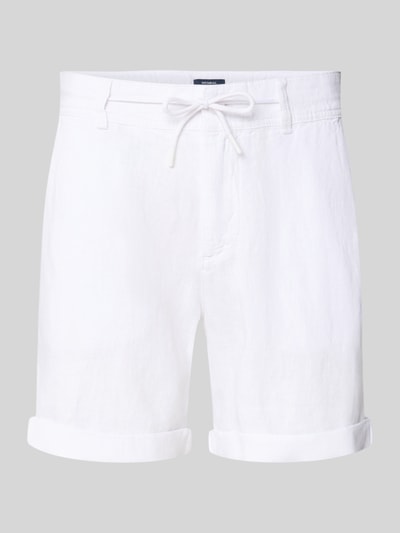 Produktfoto, Leinenshorts mit Bindegürtel und Gesäßtaschen von MCNEAL z lnu, krój straight fit, wiązany pasek, wpuszczane kieszenie, zakładka, z tyłu kieszenie z wypustką, wyhaftowane logo, szerokość w rozmiarze M: 45 cm, długość wewnętrzna nogawki w rozmiarze M: 16 cm