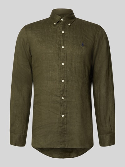 Produktfoto, Regular Fit Freizeithemd aus reinem Leinen von Polo Ralph Lauren in Olivgrün, mit Button-Down-Kragen und Logo-Detail, Flammgarnstruktur