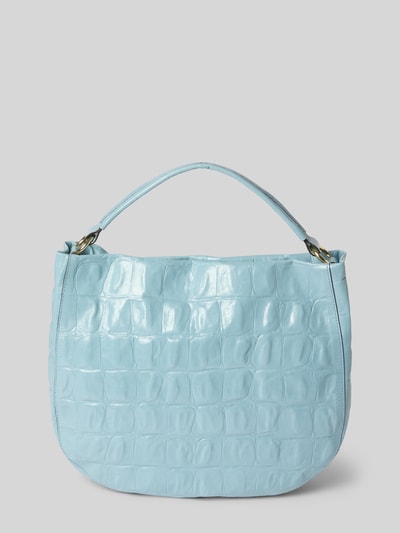 Produktfoto, Handtasche mit Logo-Applikation Modell 'Mia' von Abro in Hellblau mit Strukturmuster, Hauptfach mit Reißverschluss, Schulterriemen, Breite 35 cm, Länge 32 cm, Tiefe 9 cm, Länge Schulterriemen 106 cm