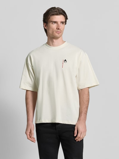 WOODBIRD T-shirt z detalem z logo Model „Beam” Złamany biały 4
