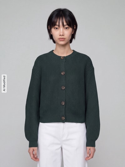 VERO MODA Loose Fit Strickjacke mit einreihiger Knopfleiste Modell 'LEA' Dunkelgruen 4