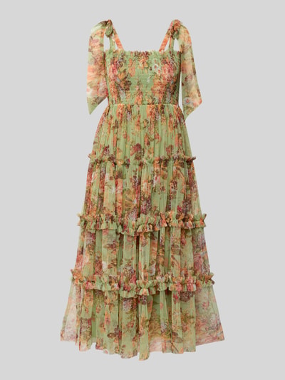 Productfoto, Cocktailkleid im Stufen-Look van LACE & BEADS in groene A-lijn met bloemenprint, tule, smokdetails en vetersluiting