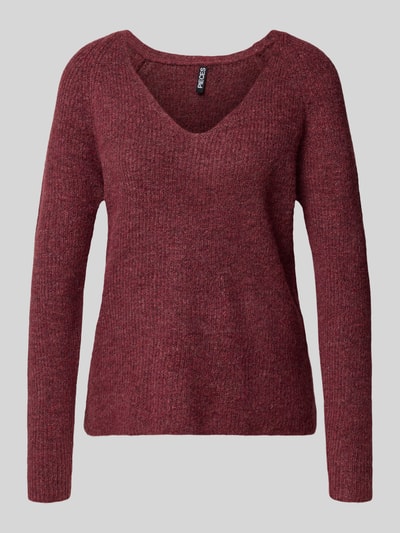 Pieces Regular Fit Strickpullover mit Rippstruktur Modell 'ELLEN' Dunkelrot Melange 2