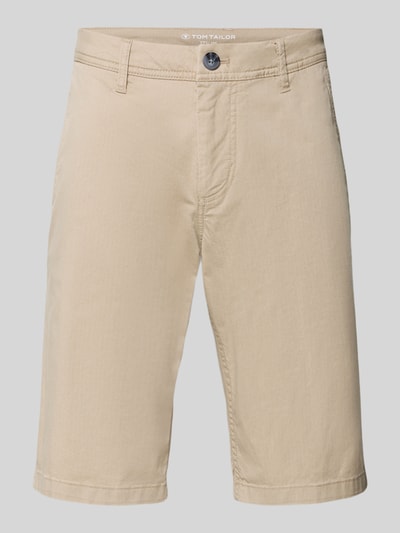 Produktfoto, Slim Fit Chinoshorts aus Baumwoll-Mix von Tom Tailor in Beige mit feinem Webmuster, Twill-Textur, Gürtelschlaufen und Eingrifftaschen
