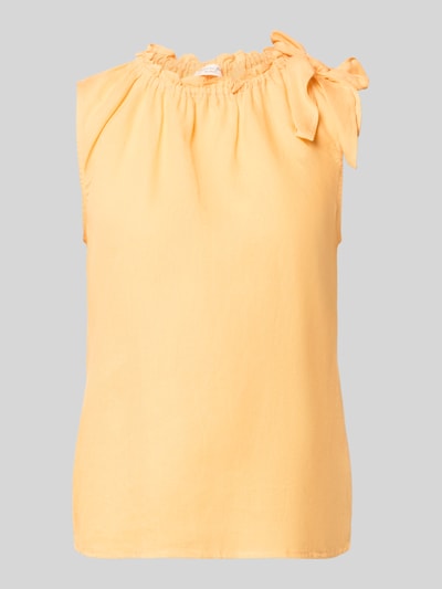 Produktfoto, Regular Fit Bluse aus Viskose-Mix mit Leinen-Anteil von Christian Berg Woman in einfarbigem Hellgelb mit Zierschleife, Stehkragen mit Rüschenbesatz, Ärmelloses-Design, Rückenlänge bei Größe 36: 54 cm.