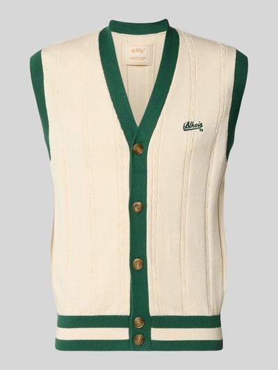 Produktfoto, Regular Fit Weste in Strick-Optik mit Logo-Stitching van BLKVIS in crème met groene randen, V-hals, knoopsluiting, opgestikte zakken, lengte 67 cm bij maat L