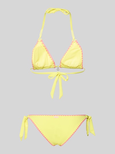 Produktfoto, Bikini mit Stitchings und Schnürung von Banana Moon, żółty i różowy materiał z elastycznym dodatkiem, dopasowany krój, aplikacja, wstawki, wiązany top typu neckholder, boczne wiązania na figach, logo