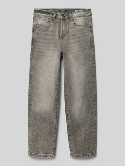 Produktfoto, Straight Fit Jeans mit Logo-Patch Modell 'Garwell' von CARS JEANS, grauer elastischer Baumwoll-Mix, 5-Pocket-Design, dezente Waschung