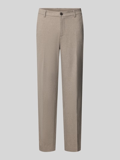 Produktfoto, Straight Fit Stoffhose mit Viskose-Anteil von Lindbergh in Beige, elastischer Material-Mix, Bügelfalten, Knopf- und Reißverschluss, schlichte Textur, Kontext: Herren Stoffhose, Bundweite 42 cm, Innenbeinlänge 80 cm.