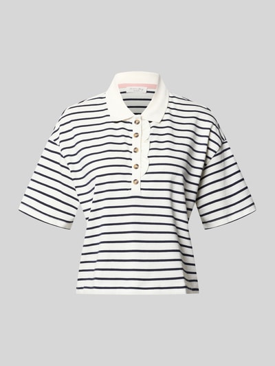 Produktfoto, poloshirt mit korte knoopsluiting van Christian Berg Woman in donkerblauwe en witte strepen, puur katoen, recht model, polokraag, 1/2-mouwen, ruglengte bij maat S 44 cm