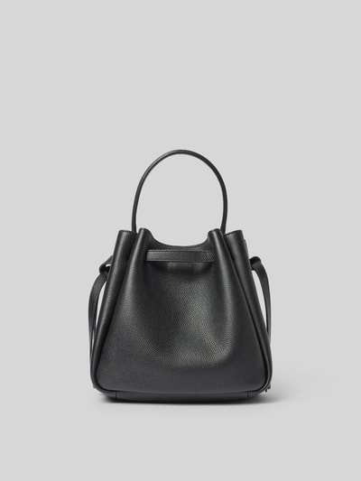 Produktfoto, schwarze Bucket Bag mit Tragehenkel von Tory Burch aus genarbtem Leder, sichtbares Label-Detail, Maße 24x23x9 cm, offenes Hauptfach.