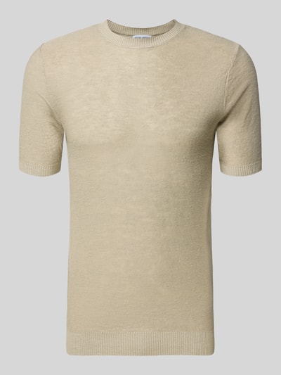Produktfoto, Slim Fit T-Shirt aus Leinen-Mix in Strick-Optik von Antony Morato, męski t-shirt, mieszanka lnu i wiskozy, krój slim fit, imitacja dzianiny, okrągły dekolt, krótki rękaw, elastyczne wykończenia, długość tyłu w rozmiarze M 72 cm, beżowy, jednolity kolor, gładka tekstura