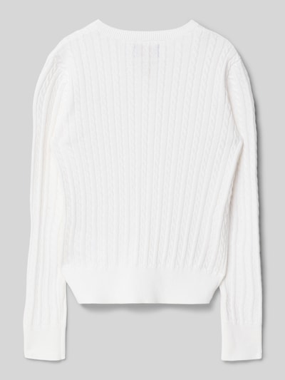 Produktfoto, Regular Fit Strickjacke aus reiner Baumwolle von Polo Ralph Lauren Teens in Weiß, Zopfmuster, Crew Neck, gerippte Abschlüsse, Strickoptik