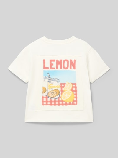 Produktfoto, Kinder T-Shirt mit rückseitigem Motiv-Print von Garcia, Farbe Creme, Reine Baumwolle, Regular-Fit, Rundhalsausschnitt, Rückenlänge 41 cm bei Größe 140, farbenfroher Print-Motiv mit Zitronen und Jar, strukturierte weiche Oberfläche