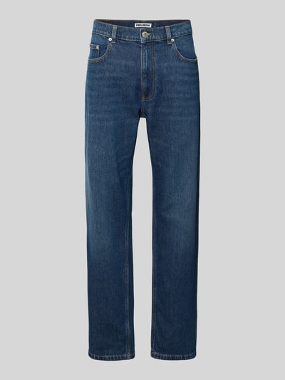 Produktfoto, Straight Fit Jeans im 5-Pocket-Design von REVIEW aus elastischem Baumwoll-Mix in Dunkelblau, sichtbare Nähte, glatte Oberfläche