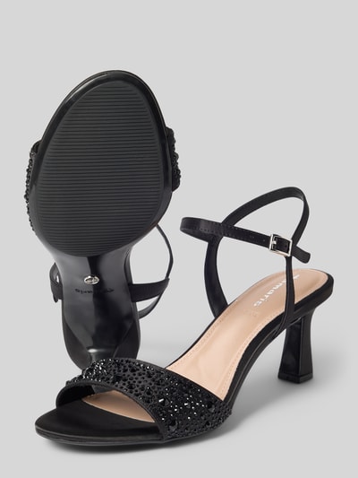 Produktfoto, Sandaletten mit Strassstein-Besatz von Tamaris, schwarz, schimmernde Optik, Peep Toe, Stiletto-Absatz, strukturierte Sohle