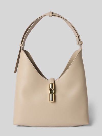 Produktfoto, Handtasche mit Logo-Detail Modell 'Goccia' von FURLA in Beige, glatte Oberfläche, goldener Verschluss, Maße 25x31x15 cm, verstellbarer Schulterriemen 42 cm.