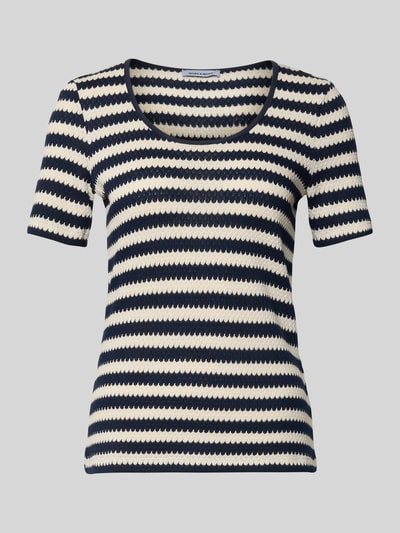 Produktfoto, Strickshirt mit Rundhalsausschnitt von More & More, Reine Baumwolle im Allover-Look, Slim-Fit, Rückenlänge 60 cm, Größe 36, navy-creme gestreift
