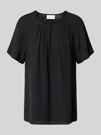 Produktfoto, Blusenshirt mit Schmetterlingsärmeln und Schlüsselloch-Ausschnitt von comma, schwarzer Stoff, locker geschnitten, Raffungen vorne, matte Textur, Rückenlänge 66 cm, Ärmellänge 16 cm, Loose Fit