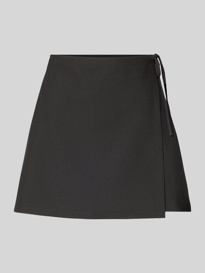 Productfoto, zwarte strakke minirok met wikkellook, gladde stof, model 'BOSELLA' van PIECES, Dames Minirok