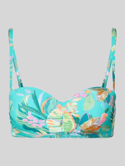 Produktfoto, Bikini-Oberteil in Bandeau-Form Modell 'Sandra' von VENICE BEACH, türkis mit buntem Allover-Blätterdruck, Material-Mix mit Stretch-Anteil, körpernahe Passform, verstellbare Träger