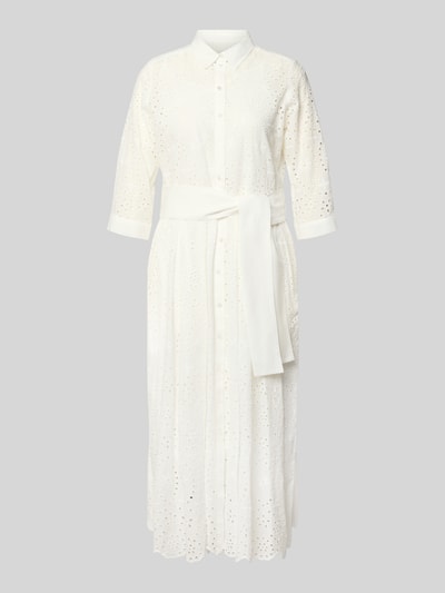 Produktfoto, Hemdblusenkleid aus Lochspitze mit Knopfleiste von Milano Italy in Weiß, Reine Baumwolle, Taillierter Schnitt, Midikleid, Hemdblusenkragen, Bindegürtel, Rückenlänge 121 cm, Brustweite 41 cm, Ärmellänge 38 cm.