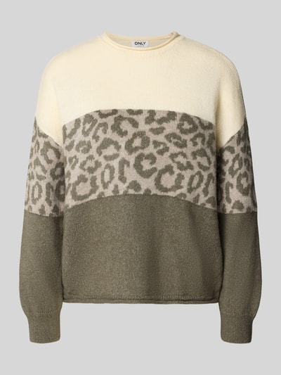 Produktfoto, Relaxed Fit Pullover mit Leoparden-Muster von ONLY in Beige, Braun und Olivgrün mit weicher Strickstruktur, Damen Pullover von ONLY
