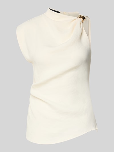 Produktfoto, cremefarbenes Blusentop in asymmetrischem Design Modell 'JOIA' von Mango mit Stehkragen und Zier-Applikation, taillierte Passform