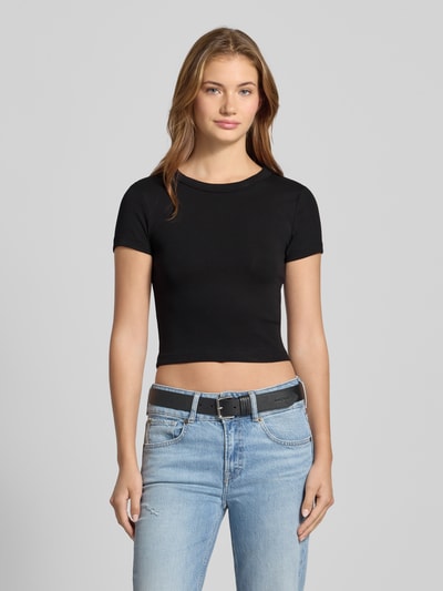 Gina Tricot T-shirt z prążkowanym okrągłym dekoltem Czarny 4