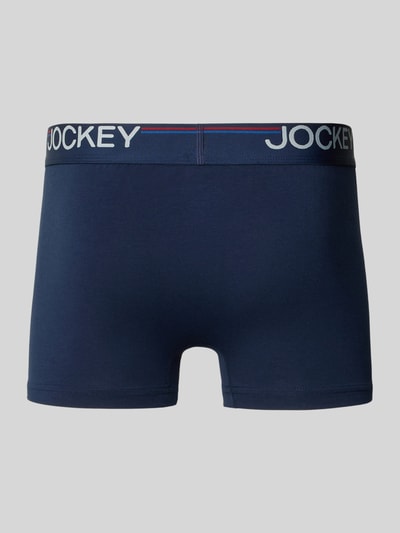 Produktfoto, Slim Fit Trunks mit Logo-Stitching im 3er-Pack von Jockey in Dunkelblau, elastischer Baumwoll-Mix, glatte Textur.