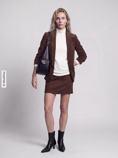 Frauenmodel trägt taillierten Kurzblazer mit 3/4-Arm Modell 'BOSELLA' von PIECES in Braun mit glatter Textur, Ganzkörperansicht von vorne, KI-modifiziertes Bild.