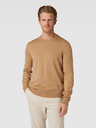 BOSS Strickpullover aus Schurwolle mit Label-Stitching Modell 'Otto' Beige 4