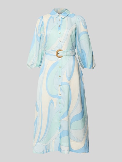 Produktfoto, Cocktailkleid aus Leinen mit Gürtel Modell 'Fia' von Forever New in A-Linie, Allover-Muster in Blau und Beige, Midikleid Optik