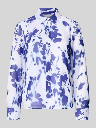 Produktfoto, Regular Fit Hemdbluse in semitransparentem Design van Calvin Klein Womenswear van chiffon met abstract blauw-wit patroon, knoopsluiting, overhemdkraag, met lange mouwen, sportmanchet, ruglengte maat S 62 cm, mouwlengte 60 cm