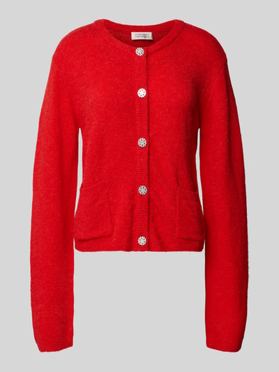 Produktfoto, leuchtend rote Strickjacke mit Knopfleiste Modell 'Hanni' von GUIDO MARIA KRETSCHMER WOMAN, gerippte Abschlüsse, runde Form, Woll-Mix