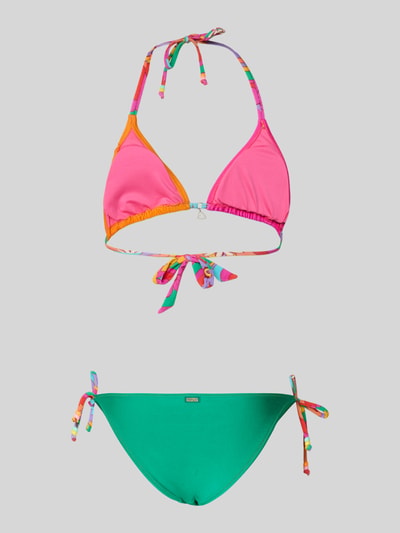 Produktfoto, Bikini mit Ziersteinbesatz Modell 'KOYOVEYA' von Banana Moon in Pink, Orange und Türkis, elastischer Material-Mix, Bindedetails.