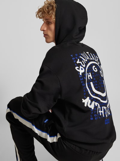 Hugo Blue Hoodie met label- en motiefprint, model 'Nothentico' Zwart - 3