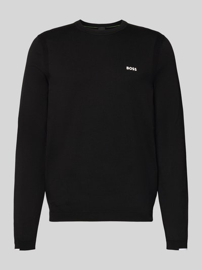 Produktfoto, Regular Fit Strickpullover aus reiner Baumwolle Modell 'EVER-X' von BOSS Green in Optik: Unifarben, Label-Stitching, Crew Neck, Rundhals, Langarm, Ärmelabschluss und Rumpfabschluss gerippt, Materialverarbeitung: Strick, schwarze glatte Textur.