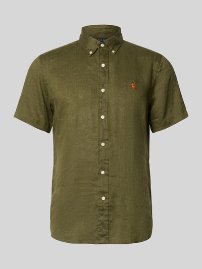 Productfoto, Regular Fit Leinenhemd mit Button-Down-Kragen van Polo Ralph Lauren in olijfgroen, effen, kort mouw, puur linnen, logo-stiksel