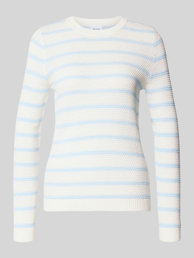 Produktfoto, Strickpullover mit Rundhalsausschnitt Modell 'DALO' van Vila, slim fit, katoen, witte en lichtblauwe strepen, dames, fijne textuur