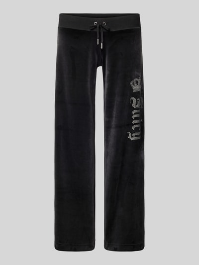 Produktfoto, Sweatpants mit Ziersteinbesatz Modell 'GOTHIC CROWN' von Juicy Couture, czarny materiał z lekkim połyskiem, elastyczny pas, prosty krój, długość nogawki wewnętrznej w rozmiarze S: 78 cm, domieszka stretch