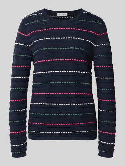 Produktfoto, Strickpullover mit Struktur-Muster von Christian Berg Woman, reine Baumwolle, gerader Schnitt, Rundhalsausschnitt, dunkelblau mit bunten Streifen