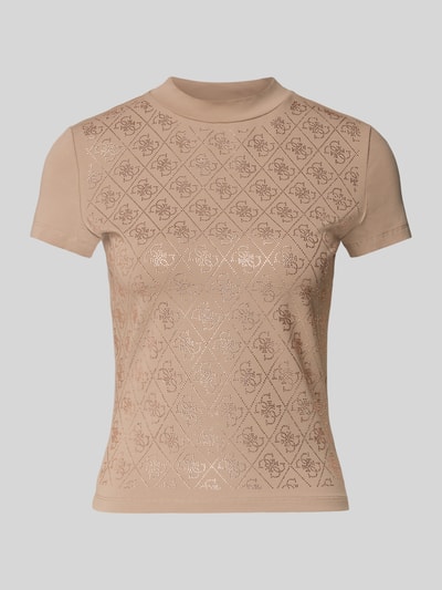 Produktfoto, beige Slim Fit T-Shirt met allover strasssteentjes, staande kraag, elastische katoenmix, Guess, korte mouwen, vooraanzicht