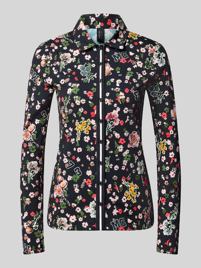 Produktfoto, Slim Fit Hemdbluse mit floralem Allover-Print von Marc Cain, elastyczna mieszanka materiałów, krój slim fit, kwiatowy nadruk na całej powierzchni, kołnierzyk koszulowy, z długim rękawem, długość tyłu w rozmiarze 36: 59 cm, długość rękawów w rozmiarze 36: 63 cm