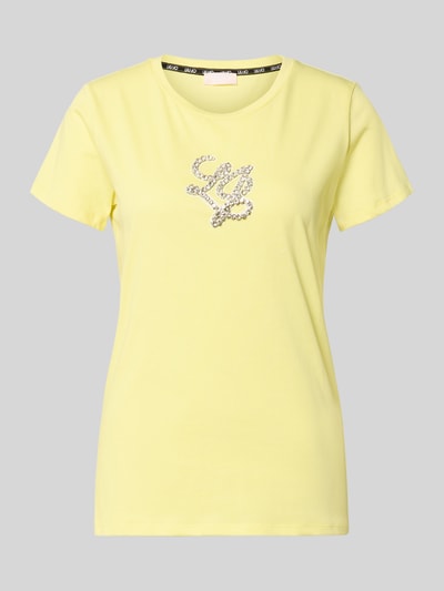 Produktfoto, T-Shirt mit Rundhalsausschnitt und Strasssteinbesatz von LIU JO SPORT, żółty, prosty krój, bawełna, logo, długość tyłu w rozmiarze S 60 cm
